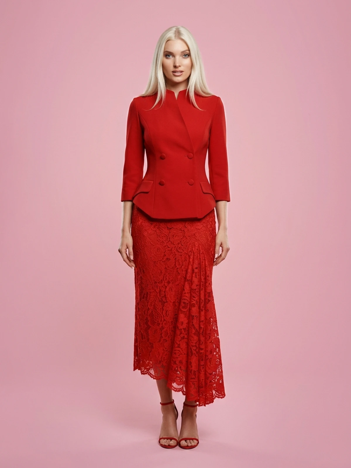 Long Sleeve Top Lace Package Hip Skirt Two-piece Set African Suit - Red