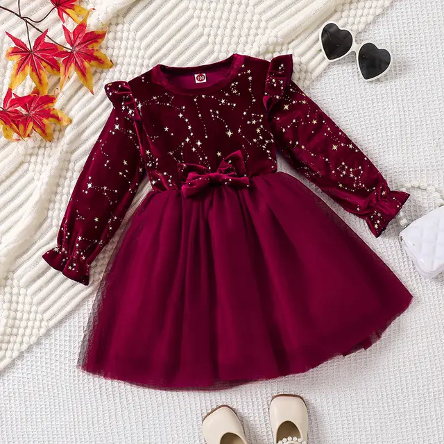 Western Style Children's Princess Dress XINGX Printed Velvet Skirt Purplish Red - Shop at LoveMi