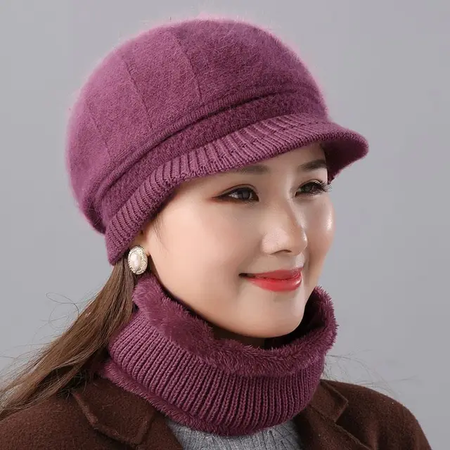 Rabbit Fur Knitted Woolen Cap Women's Autumn Versatile Winter Warm Beanie Hat Purple Leather - Shop at LoveMi