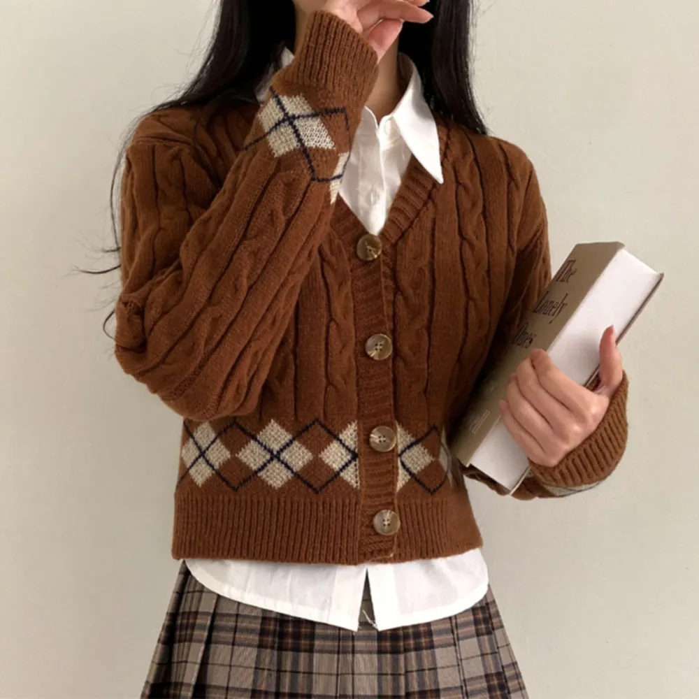 Plaid Hemp Pattern V neck Single Breasted Cardigan Top Brown - Shop at LoveMi