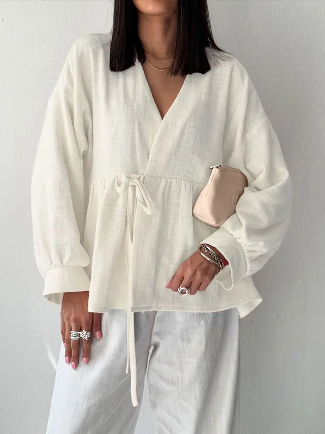 Shirt Women's Imitation Cotton And Linen Lace up Stomach Blanket Long Sleeve Top Beige - Shop at LoveMi
