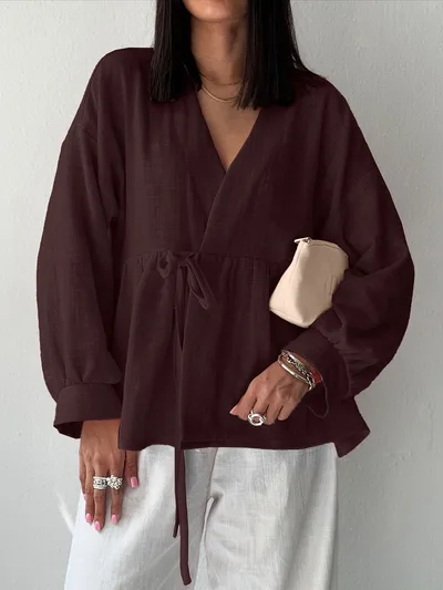 Shirt Women's Imitation Cotton And Linen Lace up Stomach Blanket Long Sleeve Top Brown - Shop at LoveMi