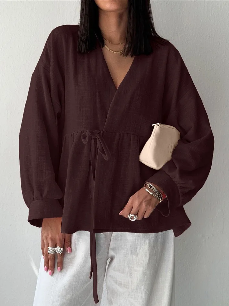 Shirt Women's Imitation Cotton And Linen Lace-up Stomach Blanket Long Sleeve Top - Brown - View 1