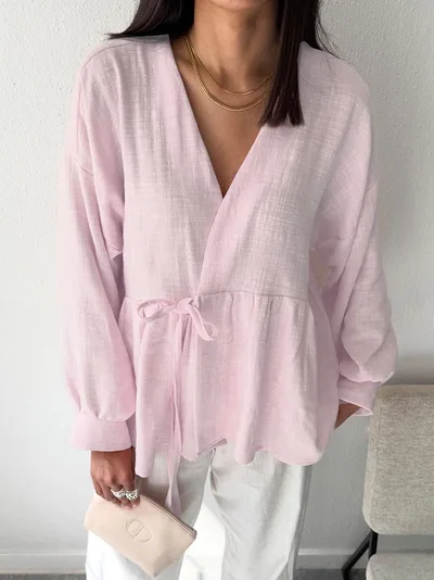 Shirt Women's Imitation Cotton And Linen Lace up Stomach Blanket Long Sleeve Top Pink - Shop at LoveMi