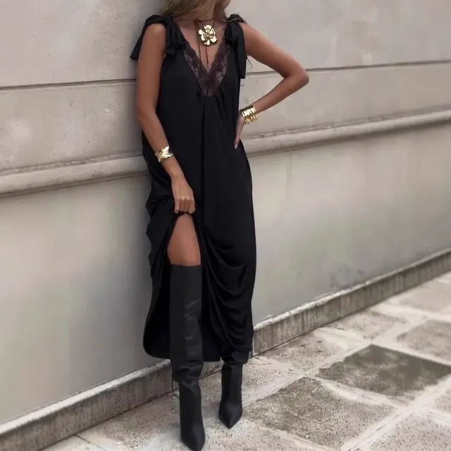 Fashion Ladies V neck Hollow Printed Casual Dress Black - Shop at LoveMi