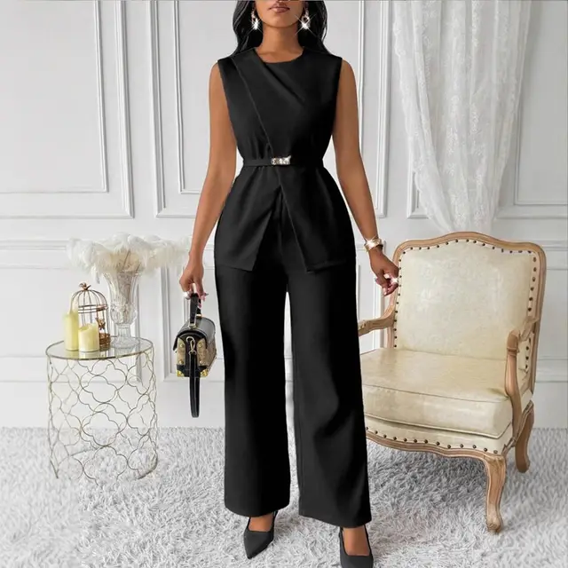 Top Sleeveless Belt Two piece Pants Casual Suit Black - Shop at LoveMi