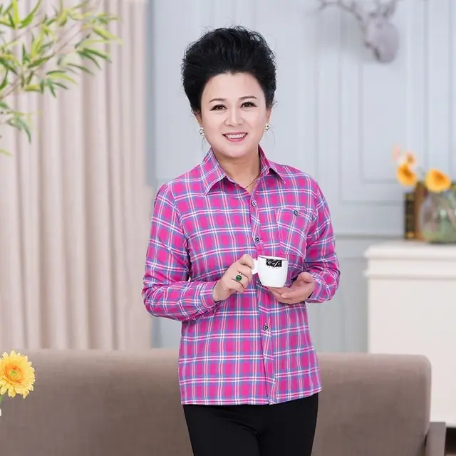 Middle aged And Elderly Women's Loose Long sleeved Slim fit Plaid Shirt No 1 Color - Shop at LoveMi