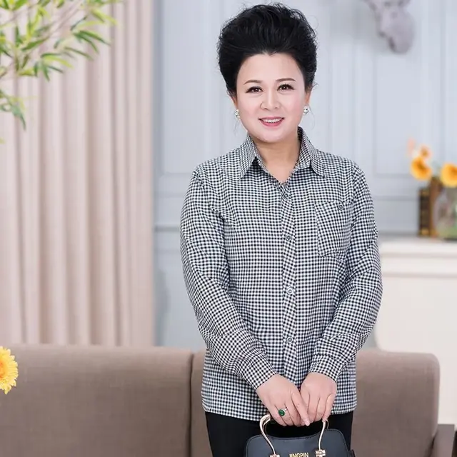 Middle aged And Elderly Women's Loose Long sleeved Slim fit Plaid Shirt No 10 Color - Shop at LoveMi