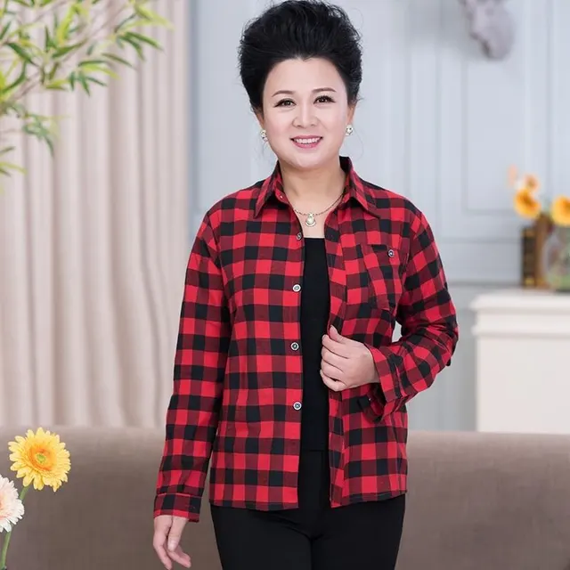 Middle aged And Elderly Women's Loose Long sleeved Slim fit Plaid Shirt No 7 Color - Shop at LoveMi