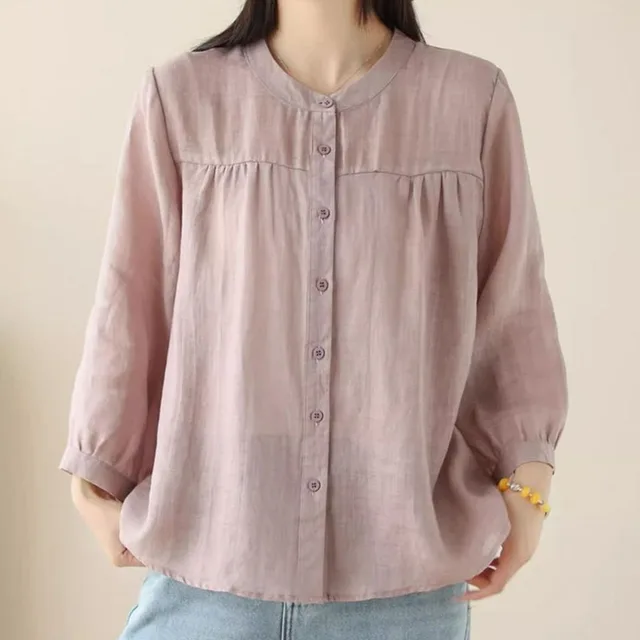 Simple Style Elegant Cotton And Linen Three quarter Sleeve Stand Collar Shirt For Women Lotus Root Color - Shop at LoveMi