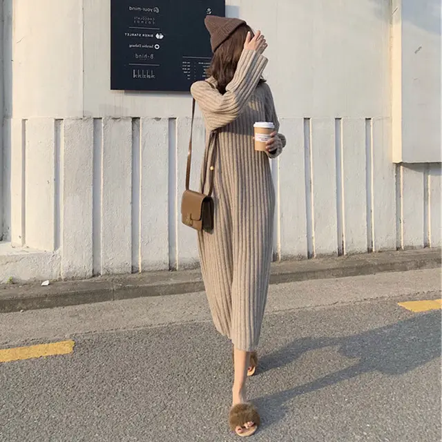 Knitted Dress Women's Autumn And Winter Loose Khaki - Shop at LoveMi