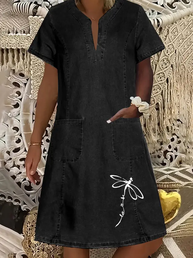 Women's Fashion Printed Black With Pockets Denim Dress Black With Pocket Printing 5 - Shop at LoveMi