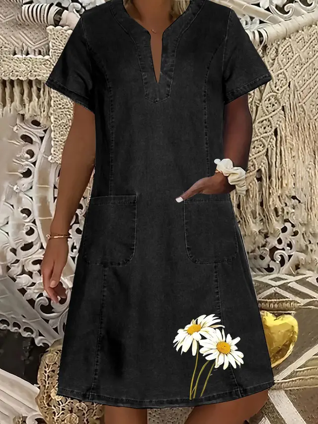 Women's Fashion Printed Black With Pockets Denim Dress Black With Pocket Printing 9 - Shop at LoveMi