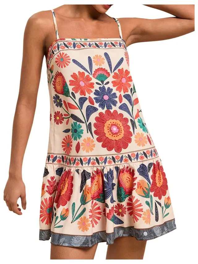 Printed Bohemian Flowy Sling Vacation Style Casual Loose Dress Apricot - Shop at LoveMi
