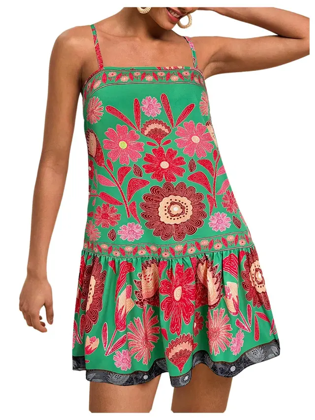 Printed Bohemian Flowy Sling Vacation Style Casual Loose Dress Green - Shop at LoveMi