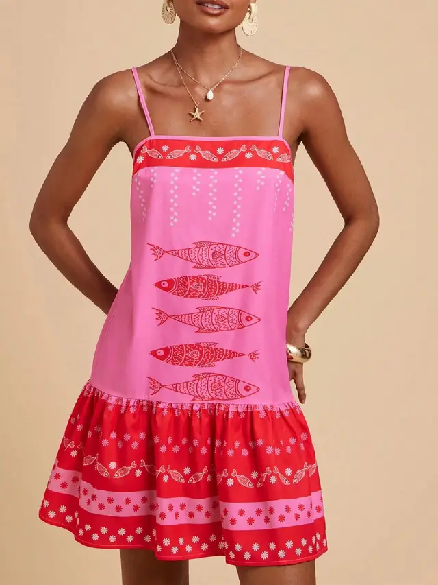 Printed Bohemian Flowy Sling Vacation Style Casual Loose Dress Rose Red - Shop at LoveMi