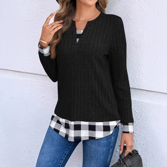 Women's V neck Plaid Stitching Long sleeved Thread Knitted Top Black - Shop at LoveMi