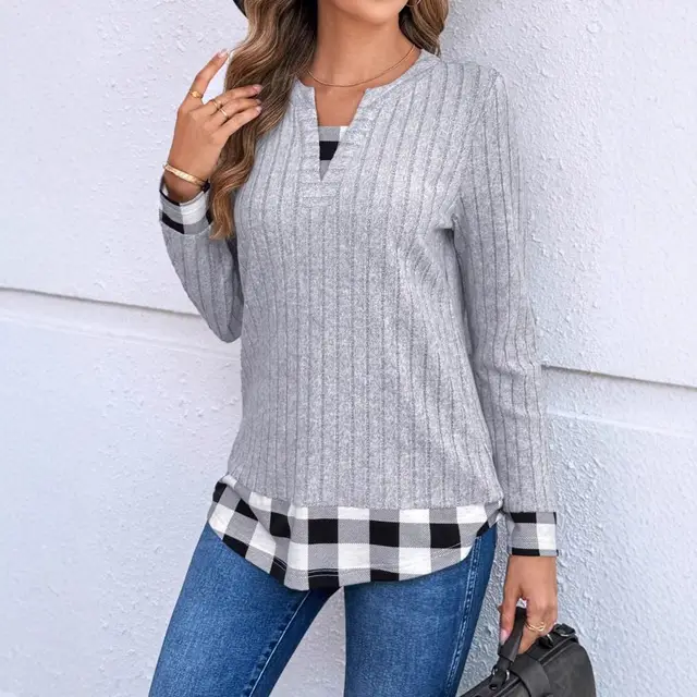 Women's V neck Plaid Stitching Long sleeved Thread Knitted Top Gray - Shop at LoveMi