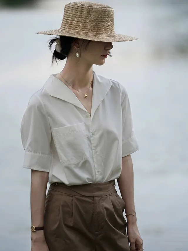 French Chic Design Niche Top Short Sleeve V neck White Shirt White - Shop at LoveMi
