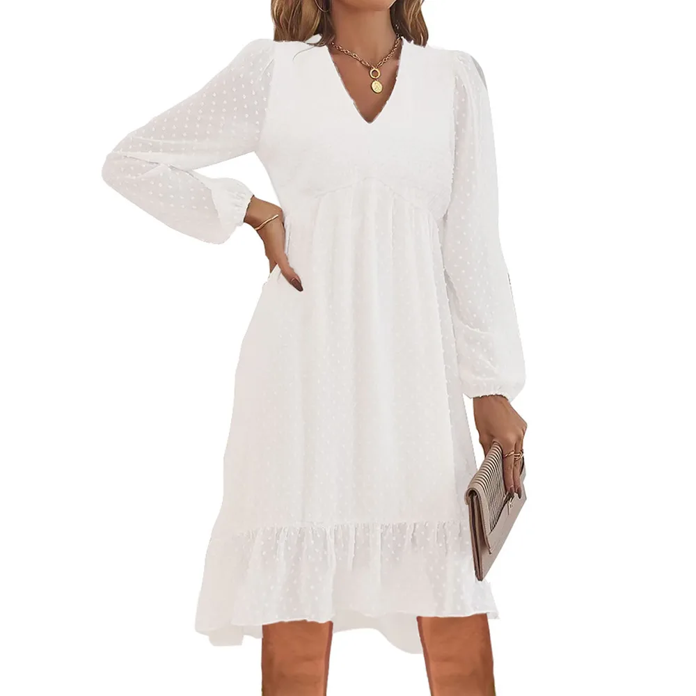Spring And Summer V-neck Long-sleeved A- Line Skirt Dress Women - White - View 1