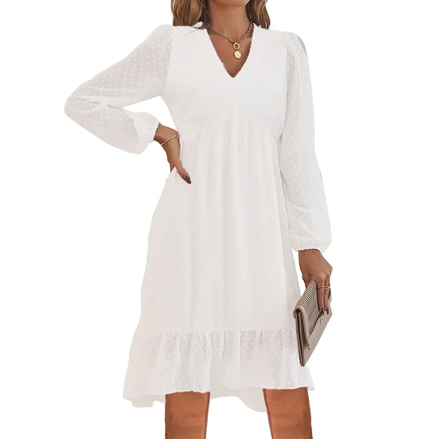 Spring And Summer V neck Long sleeved A Line Skirt Dress Women White - Shop at LoveMi