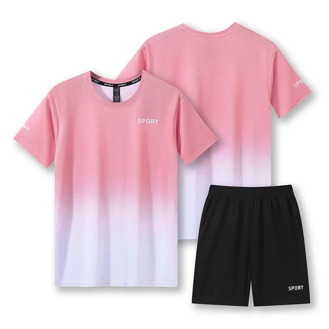 Workout Short Sleeve T shirt Quick drying Clothes Running Loose Casual Gradient Sports Suit Pink - Shop at LoveMi