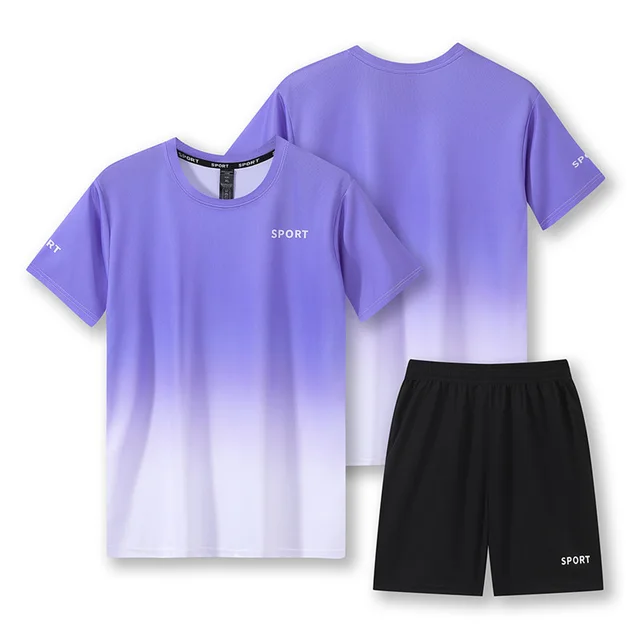 Workout Short Sleeve T shirt Quick drying Clothes Running Loose Casual Gradient Sports Suit Purple - Shop at LoveMi