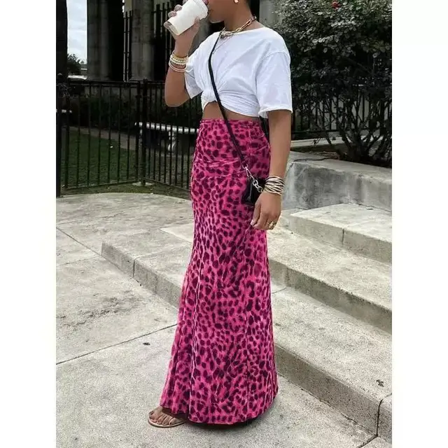 Leopard Print Women's High Waist Elegant Graceful Slimming Skirt Rose Red - Shop at LoveMi