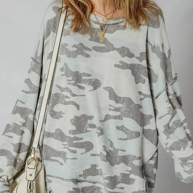 Multicolour Retro Camouflage Print Exposed Seam Patchwork Drop Shoulder Sweatshirt Multicolour - Shop at LoveMi