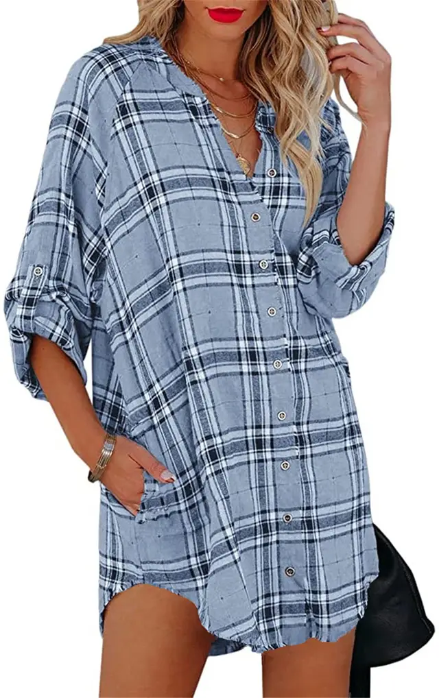 Plaid Printed V neck Long Sleeve Top Sky Blue - Shop at LoveMi