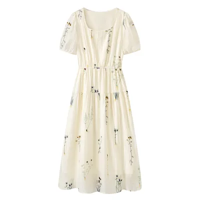 Plant Flower Embroidery Tencel Female French Square Collar Dress Cream Apricot - Shop at LoveMi