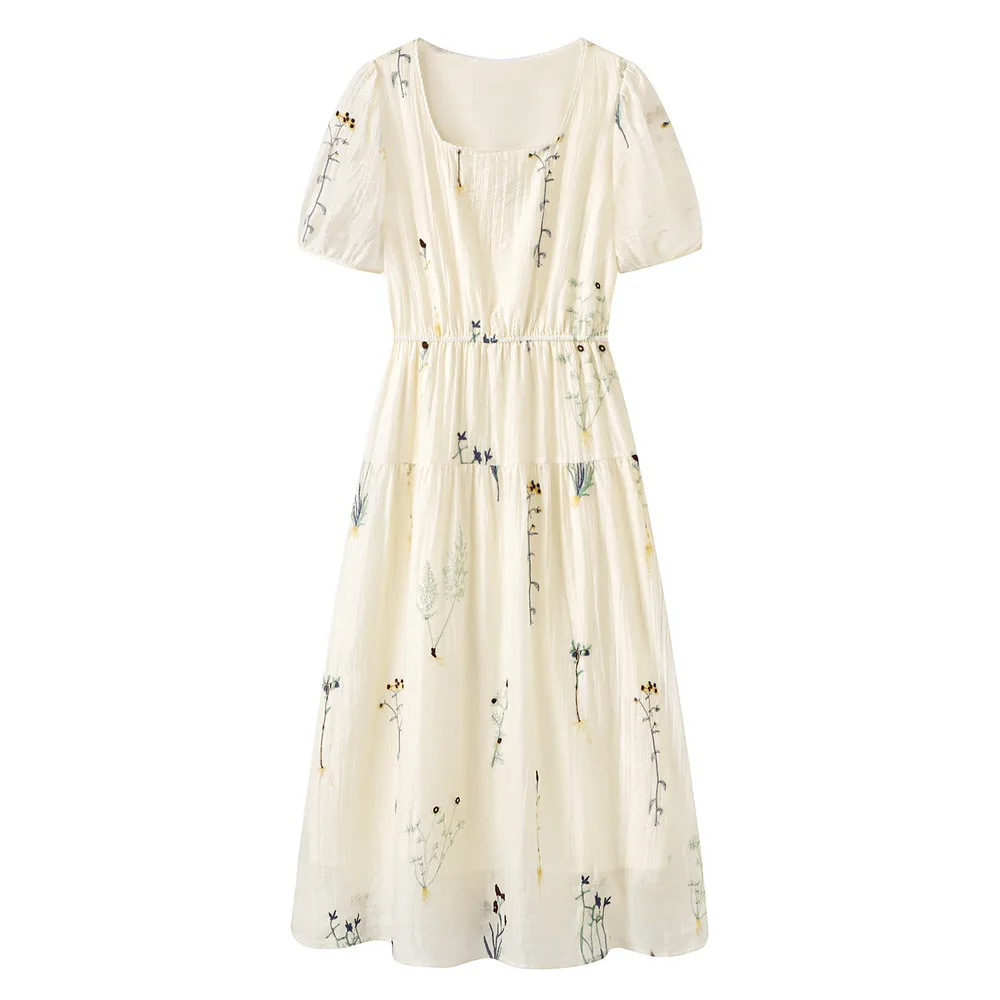 Plant Flower Embroidery Tencel Female French Square Collar Dress - Cream Apricot