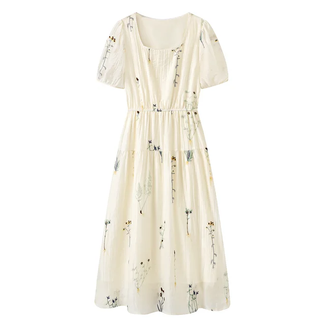 Plant Flower Embroidery Tencel Female French Square Collar Dress Cream Apricot - Shop at LoveMi