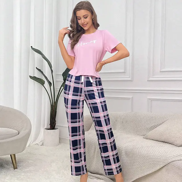 Short Sleeve Plaid Cropped Pants Casual Pink - Shop at LoveMi