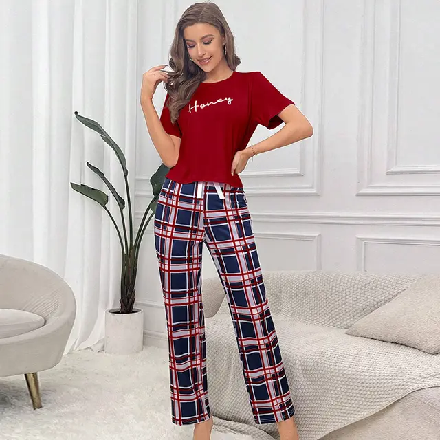 Short Sleeve Plaid Cropped Pants Casual Red - Shop at LoveMi