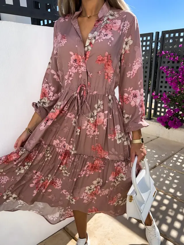 V neck Long Sleeve Printed Waist controlled Large Swing Dress Dark Pink - Shop at LoveMi