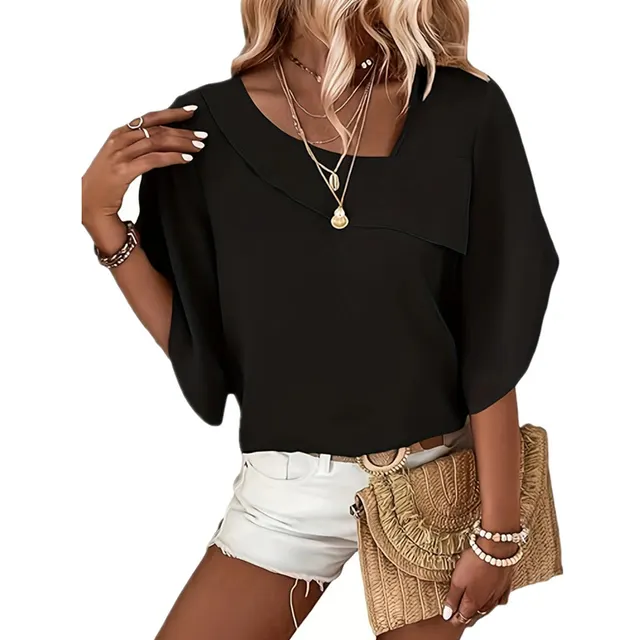 Elegant Casual Loose Petal Half Sleeve Asymmetric Collar Shirt Black - Shop at LoveMi