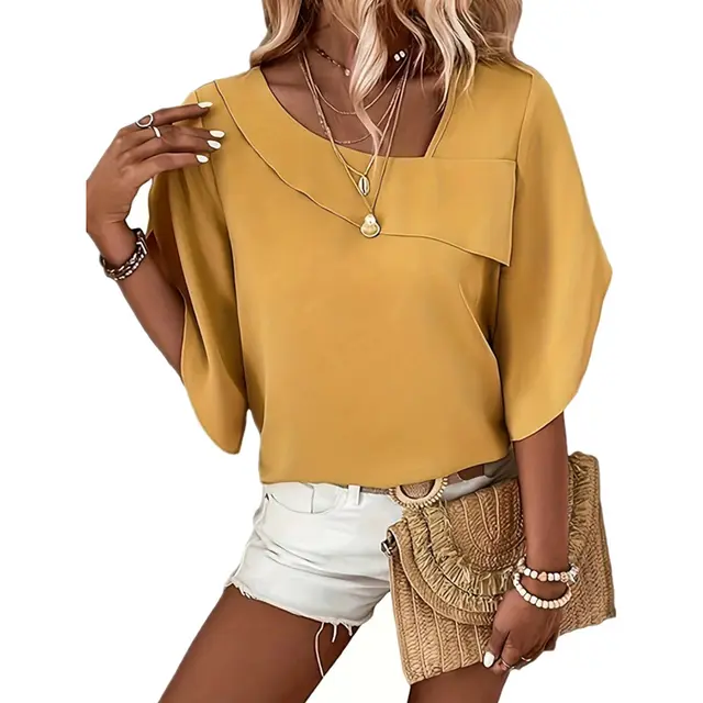 Elegant Casual Loose Petal Half Sleeve Asymmetric Collar Shirt Ginger Yellow - Shop at LoveMi