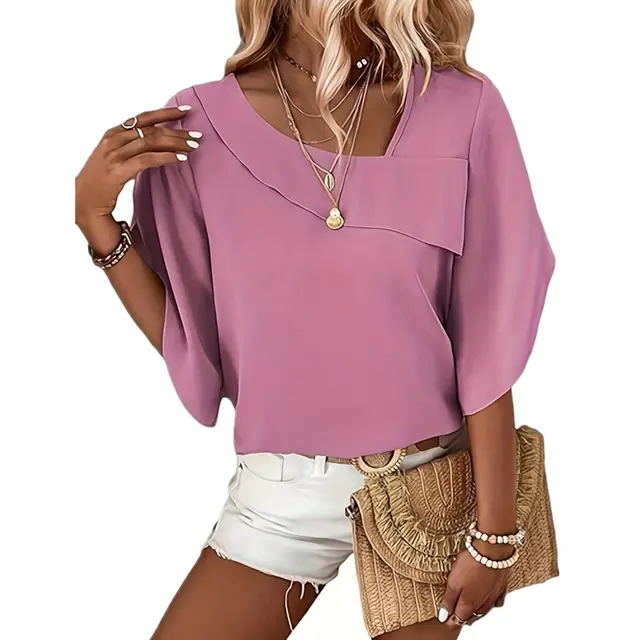 Elegant Casual Loose Petal Half Sleeve Asymmetric Collar Shirt Pink - Shop at LoveMi