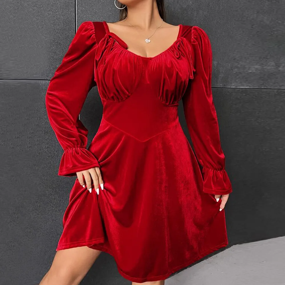 Women's Fashion Personalised Velvet Party Dress - Red - View 1