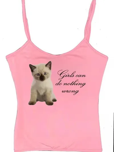 Cute Cat Letter Print Vest Sling Girl Slim Fit Pink - Shop at LoveMi