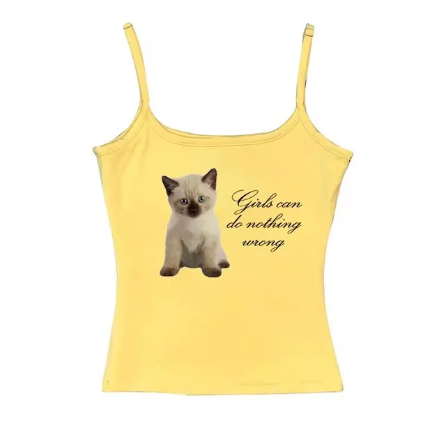 Cute Cat Letter Print Vest Sling Girl Slim Fit Yellow 1 - Shop at LoveMi