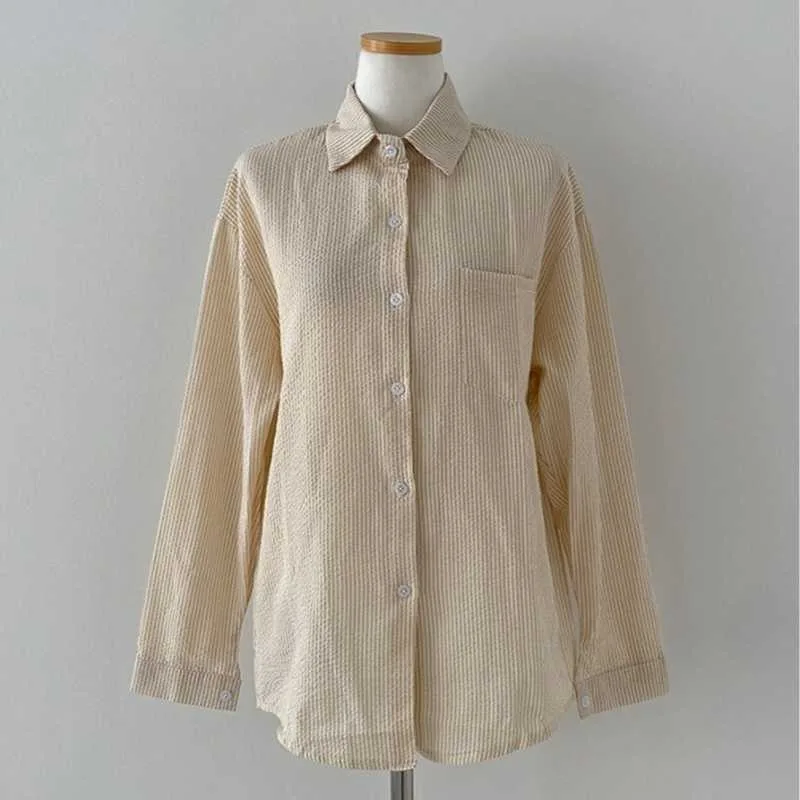 French Classic Striped Pleated Loose Pockets Long Sleeve All-matching Shirt - Apricot - View 1