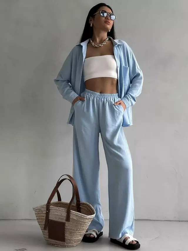Women's Solid Color Cardigan Pocket Casual Wide leg Trousers Suit Light Blue - Shop at LoveMi