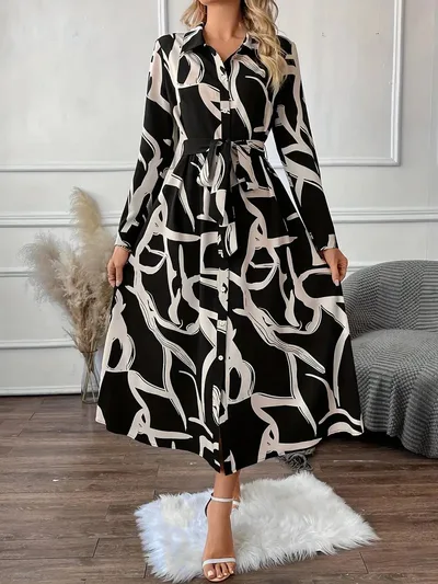 New Elegant Graceful Fashion Polo Collar Printed Long Shirt Dress Women Mixed Color - Shop at LoveMi