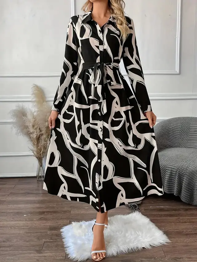 New Elegant Graceful Fashion Polo Collar Printed Long Shirt Dress Women Mixed Color - Shop at LoveMi