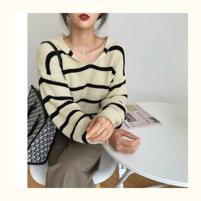 Sailor Collar Western Style Striped Loose Long Sleeve Top Women Apricot - Shop at LoveMi