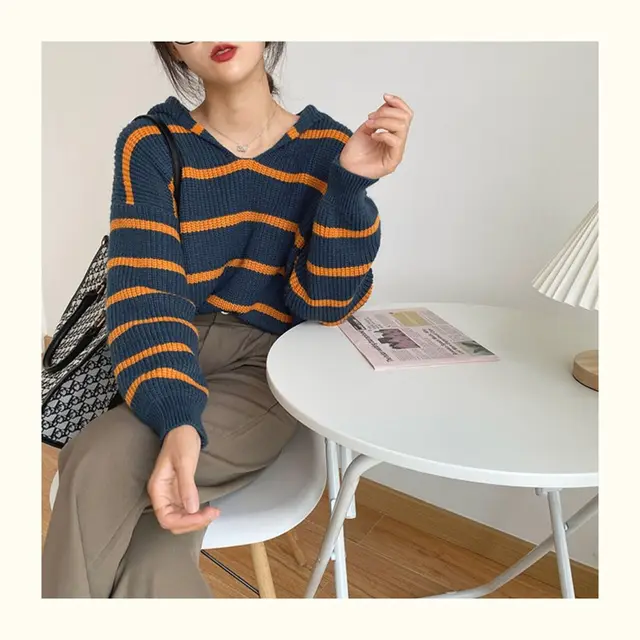 Sailor Collar Western Style Striped Loose Long Sleeve Top Women Denim Blue - Shop at LoveMi