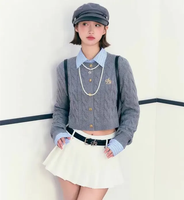 Short Knitted Women's Embroidery Preppy Style Cardigan Top Gray - Shop at LoveMi