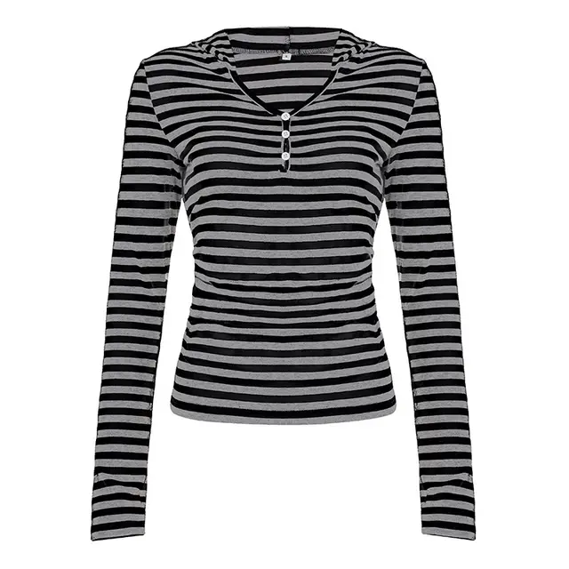 Retro Contrast Color Stripe Knitted T shirt Women's New Top Black - Shop at LoveMi